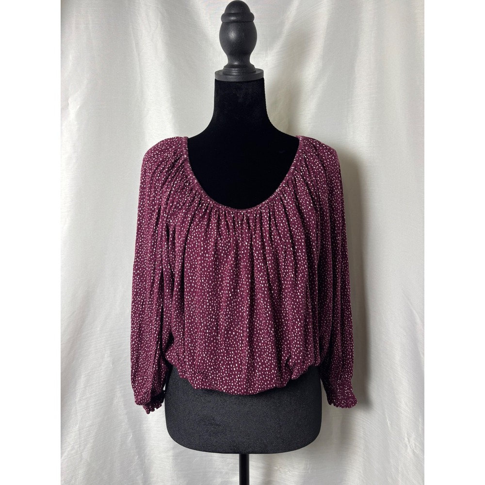 Express Blouse Women Medium Burgundy Polka Dot Smocked Hem